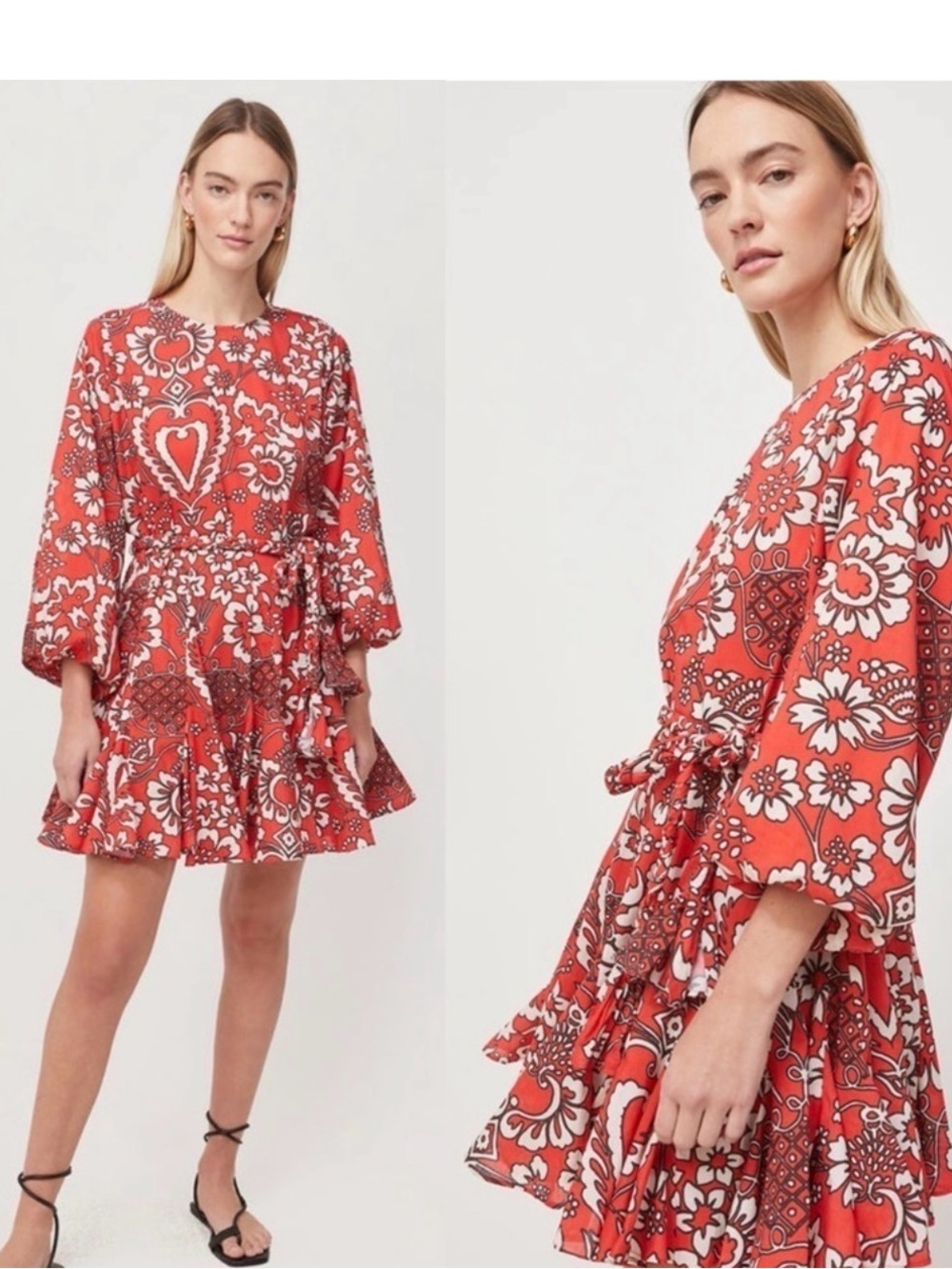 RHODE Red Floral Tiered Mini Dress with Tie Waist